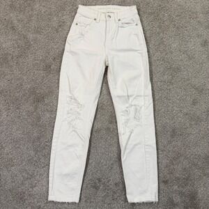American Eagle 000 Mom Straight Jeans White Distressed High Rise Stretch Skinny